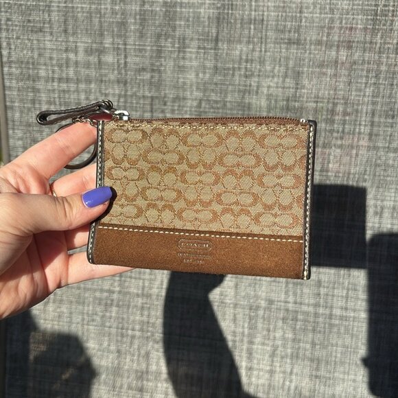 Coach Accessories - Coach Coin Change Purse Key Ring Brown Tan Leather Canvas Suede